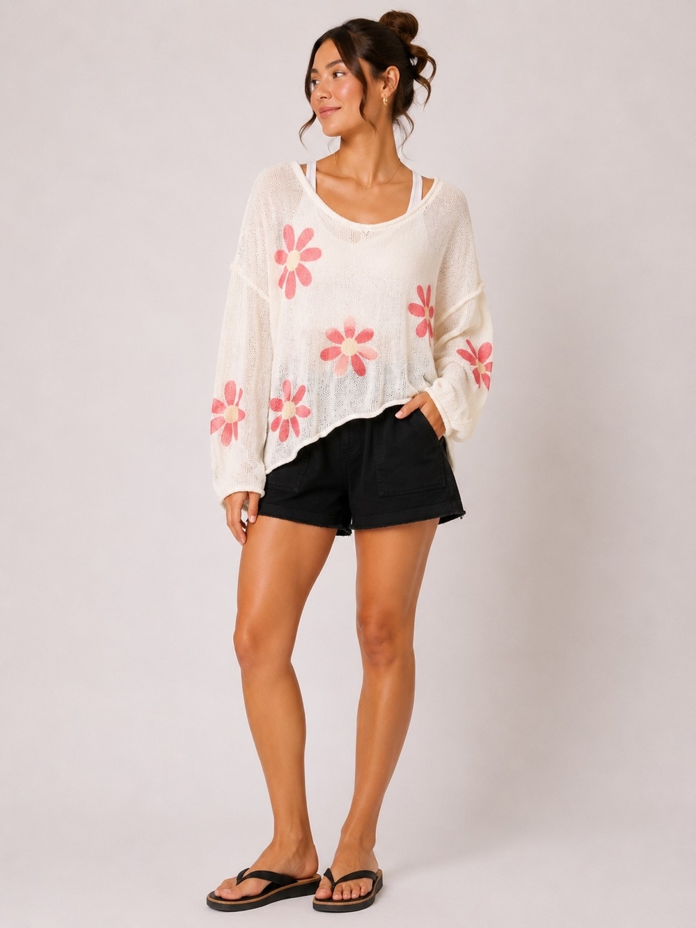 POL White Knit Sweater with Pink Daisy Motif